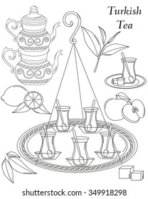 Vector tea line icon set. Vector turkish tea set. Apple, Lemon, Tea leaf