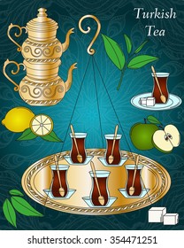 Vector tea line icon set. Vector turkish tea set. Apple, Lemon, Tea leaf