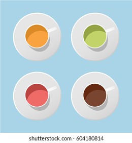 Vector tea mugs flat set isolated. Simple mugs with red, green and black tea and coffee on blue background.