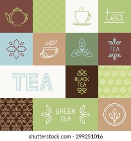 Vector tea package design elements in trendy mono line style - linear logos, hand-lettering, seamless patterns and icons