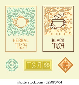 Vector tea packaging labels and badges in trendy linear style - icons and badges - organic herbal and black tea