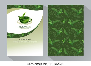 Vector tea packing template, label, banner, poster, personality, branding. Abstract colored background with elements of a decorative design - a stylized mug with tea leaves. Stylish design for tea.