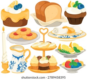 Vector tea party dessert clipart set with cakes, cupcakes, cookies, bread loaf, fruit bowls, candle, pitcher and serving plates, isolated on white background, invitation or menu design