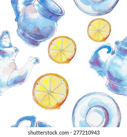 Vector tea pattern with watercolor cups, teapots, saucers and lemons.