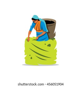 Vector Tea Picker Cartoon Illustration. Woman with a Basket. Unusual Logo template isolated on a white background