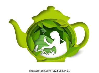 Vector tea pot icon with woman silhouette harvesting herbs, gathering green plant leaves on plantation. Advertising logo, abstract label design isolated on white background