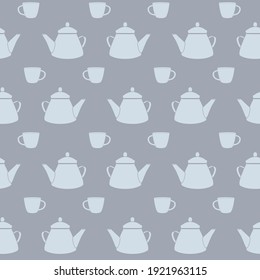 Vector Tea Pots and Cups in Dusty Blue Colors seamless pattern background. Perfect for fabric, wallpaper and scrapbooking projects. - Shutterstock ID 1921963115
