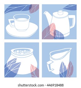 Vector tea service with floral elements. Hand drawn teatime set. Tea cards. Cropped with clipping mask