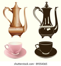 Vector tea set: antique tea pot and cup in color and monochrome