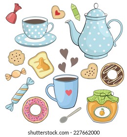 vector tea set with cup, teapot, candies, jam jar, donuts, cookies