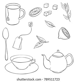 vector tea set, cups, teapot and leafs of tea isolated at white background, hand drawn illustration