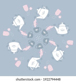 Vector Tea Set in Dusty Blue Colors seamless pattern background. Perfect for fabric, wallpaper and scrapbooking projects.