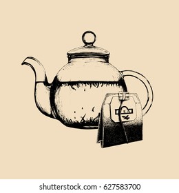 Vector tea set illustration. Hand drawn sketch of transparent glass kettle with teabag for cafe, restaurant drink menu.