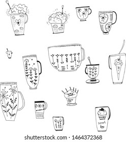 
Vector tea set, line art, tea drinking, tea ceremony. Stylized, simple cups, decorative, hand drawing.