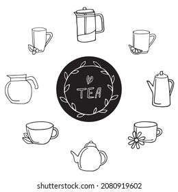 vector tea set with mugs and teapots 