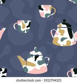 Vector Tea Set with Organic Shapes on Blue seamless pattern background. Perfect for fabric, wallpaper and scrapbooking projects.