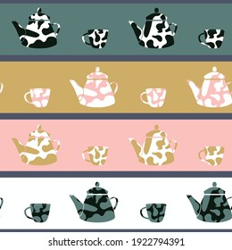 Vector Tea Set with Organic Shapes on Stripes seamless pattern background. Perfect for fabric, wallpaper and scrapbooking projects.