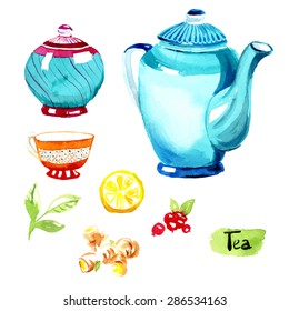 Vector Tea set painted with watercolors on white background. Tea pot, a cup, a sugar-bowl, a bag of berries. 