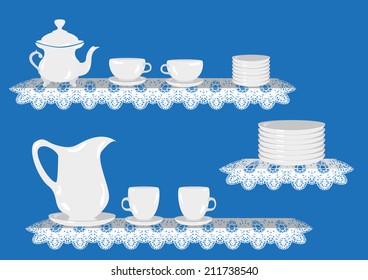 Vector. Tea set with teapot, cups, mug, plates,Ã¢Â?Â¦ on lace tablecloth (is extendable - there are left, middle and right parts). On blue background. 