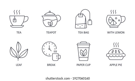 Vector tea shop icons. Editable stroke. Tea bag teapot paper cup. Drink with lemon, apple pie break leaves. Stock line illustration on white background