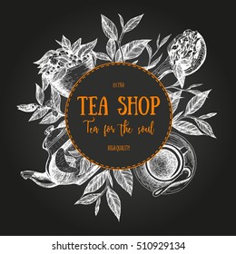 Vector tea shop illustration. Tea circle frame illustration. Menu label with teapot, cup, tea leaves and teaspoon. Linear graphic.