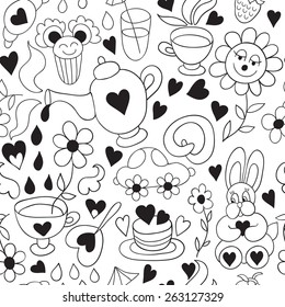 Vector tea and sweets seamless pattern. Black and white background