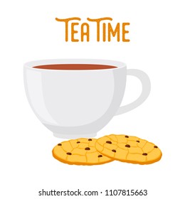 Vector tea time concept. Cup of hot drink with oat cookies with chocolate for breakfast. Made in cartoon flat style