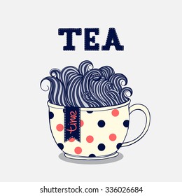 Vector tea time illustrations. Hand drawn cup with cute doodle waves. 