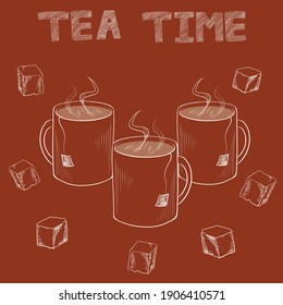 Vector tea time vintage chalkboard background Steaming tea mugs and sugar cubes illustrations Suitable for cafe drink bar or coffee shop interior design and decoration