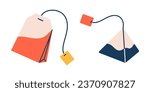 Vector teabag set. Collection of triangle and rectangle tea bags with labels. Tea time.