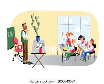 Vector teacher conducting lesson greeting kid classmate class. Educator and children in classroom. Active smart pupil on studying. Happy childhood. Educational process. Knowledge. Back to school