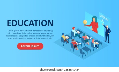 Vector of a teacher giving a lecture to students using smart modern technology. 