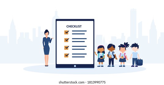 Vector of a teacher and a group of students standing by a checklist or evaluation form