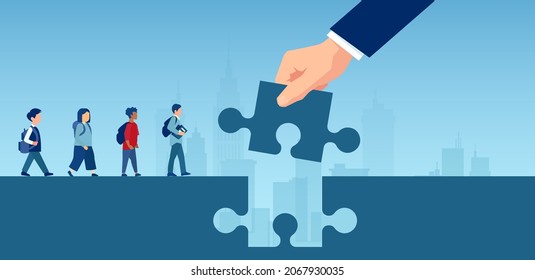 Vector of a teacher hand holding puzzle piece bridging the gap in primary education for children passing by