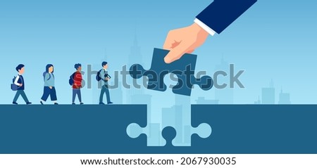 Vector of a teacher hand holding puzzle piece bridging the gap in primary education for children passing by