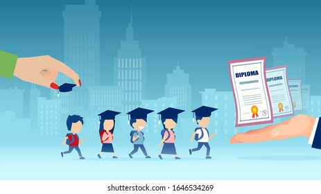 Vector of a teacher hand putting on graduation caps on children and giving diplomas on a city background