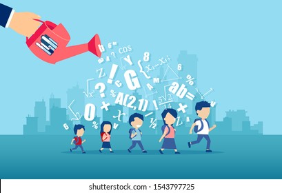 Vector of a teacher hand watering with book knowledge children with backpacks passing by on a city background 