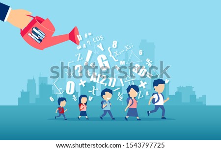 Vector of a teacher hand watering with book knowledge children with backpacks passing by on a city background 