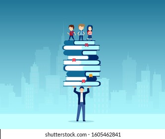 Vector of a teacher holding a pile of books with happy children standing on top