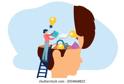 Vector of a teacher or a mother putting lightbulb ideas, books into child human head 