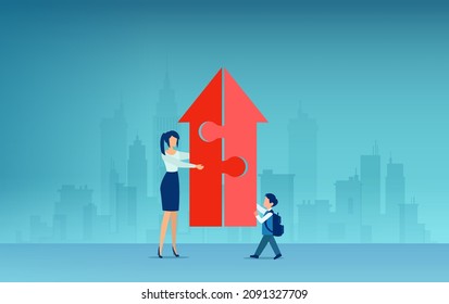 Vector of a teacher and a student putting up together puzzle pieces into an arrow growing up 