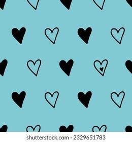 Vector Teal Background Black Hearts seamless pattern background. Perfect for fabric, scrapbooking, wallpaper projects and paper products.