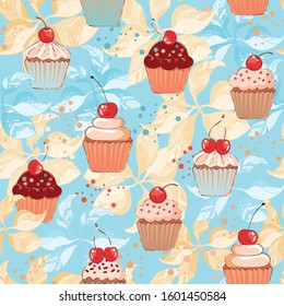 Vector teal background with sweets, Cupcakes with cherries seamless pattern