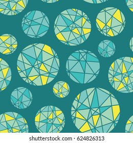 Vector Teal Blue Green Geometric Mosaic Circles With Triangles Repeat Seamless Pattern Background. Can Be Used For Fabric, Wallpaper, Stationery, Packaging.
