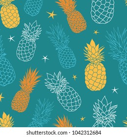 Vector teal blue and yellow oineapples summer colorful tropical seamless pattern background. Great as a textile print, party invitation or packaging.