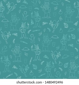 Vector teal cute anthropomorphic cartoon characters monochrome seamless pattern background