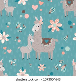 Fondo De Patrón Sin Maravillas Del Vector Teal Mama Llama. Perfecto para la tela, la reserva de restos, los niños y los proyectos de decoración en casa.