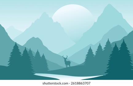 Vector teal mountain landscape with clear sky, sunset behind the mountains and silhouettes of trees and calm lake water