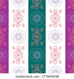 Material vectorial, arte folclórico rosado, rayado blanco, fondo de patrón sin fisuras. Marco geométrico moderno con rayas anchas y formas florales abstractas. Diseño estilizado. Todo impreso para el bienestar