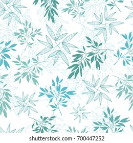 Vector teal tropical leaves summer seamless pattern with tropical green, blue plants and leaves on white background. Great for vacation themed fabric, wallpaper, packaging.